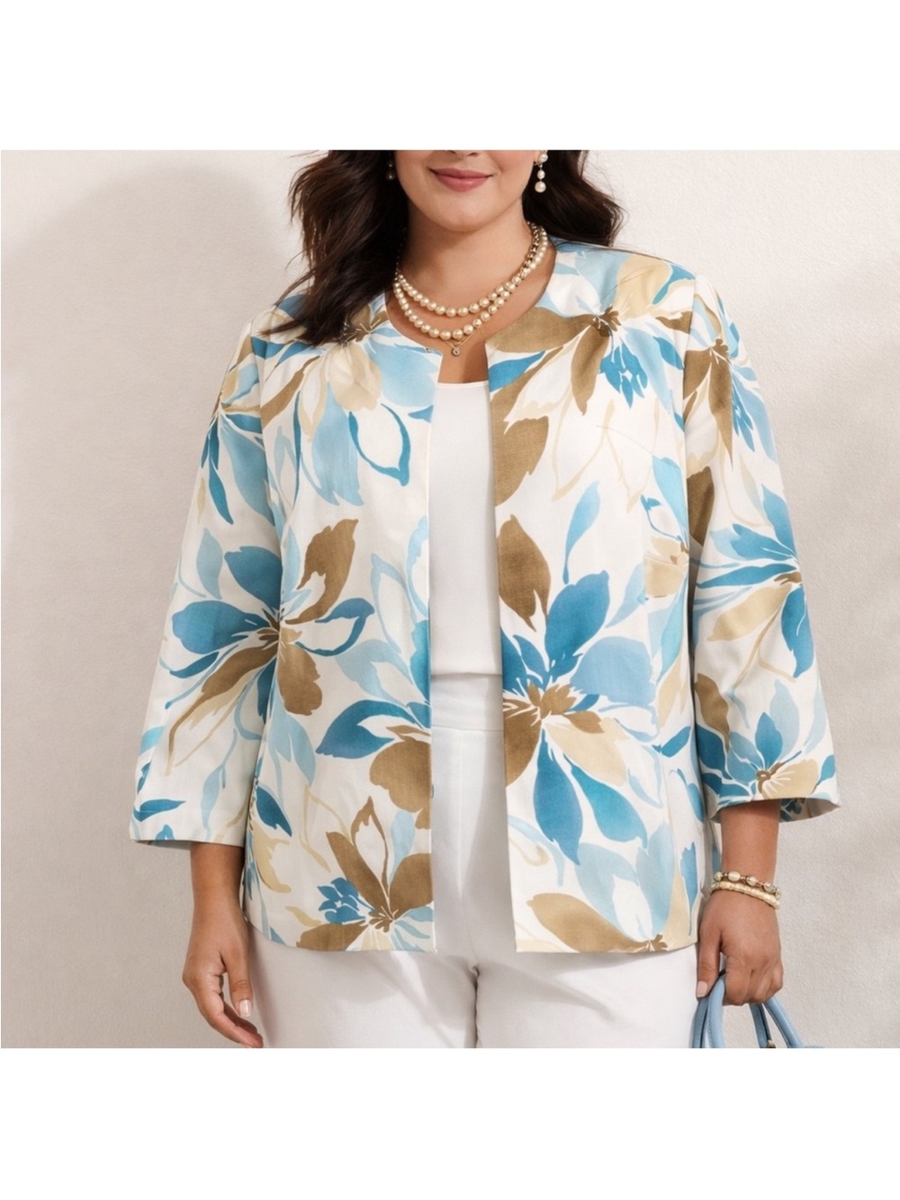 Alfred Dunner Blue & Tan Floral Open-Front Jacket